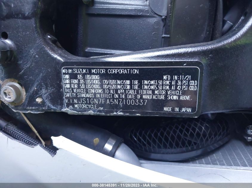 2022 Suzuki Gsx-R600 VIN: JS1GN7FA5N7100337 Lot: 38145391