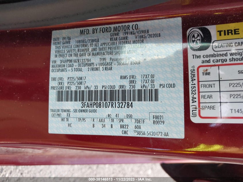 3FAHP08107R132784 2007 FORD FUSION photo no. 9
