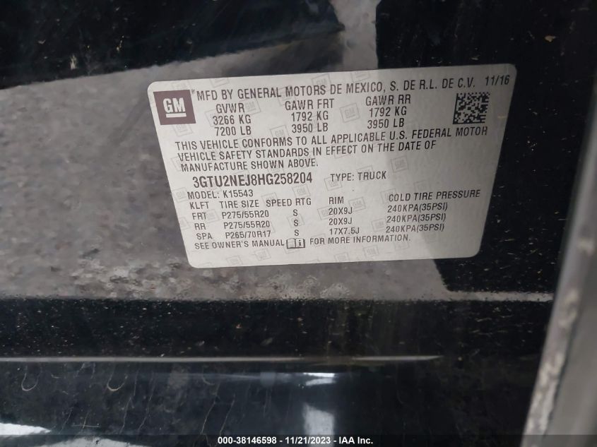 2017 GMC Sierra 1500 Slt VIN: 3GTU2NEJ8HG258204 Lot: 38146598