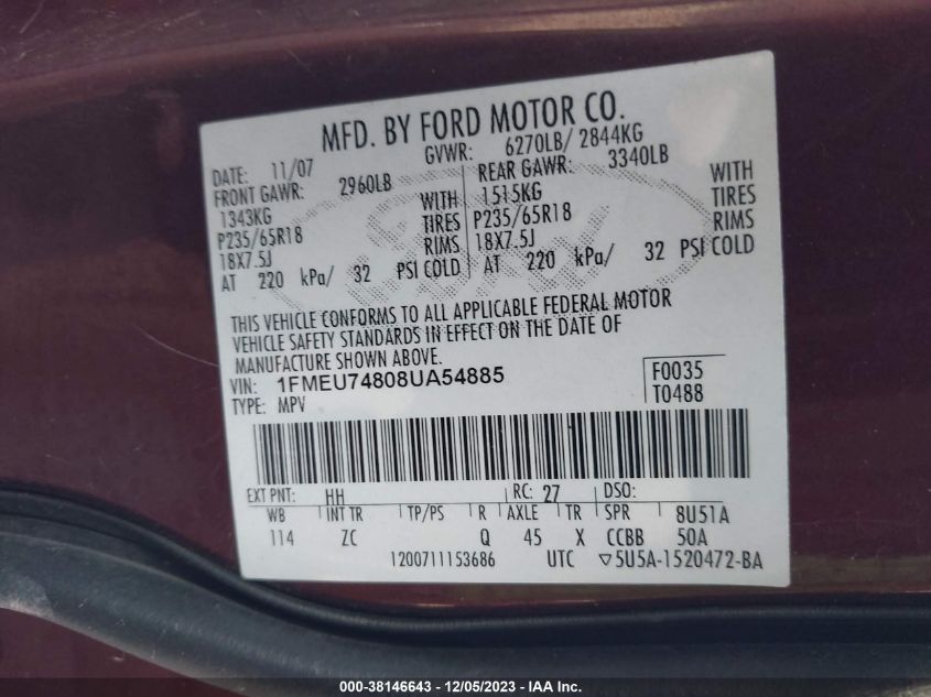 1FMEU74808UA54885 2008 Ford Explorer Eddie Bauer