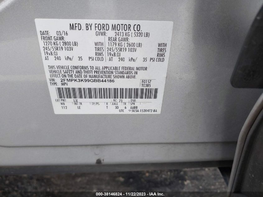 2016 Ford Edge Titanium VIN: 2FMPK3K99GBB44186 Lot: 38146824