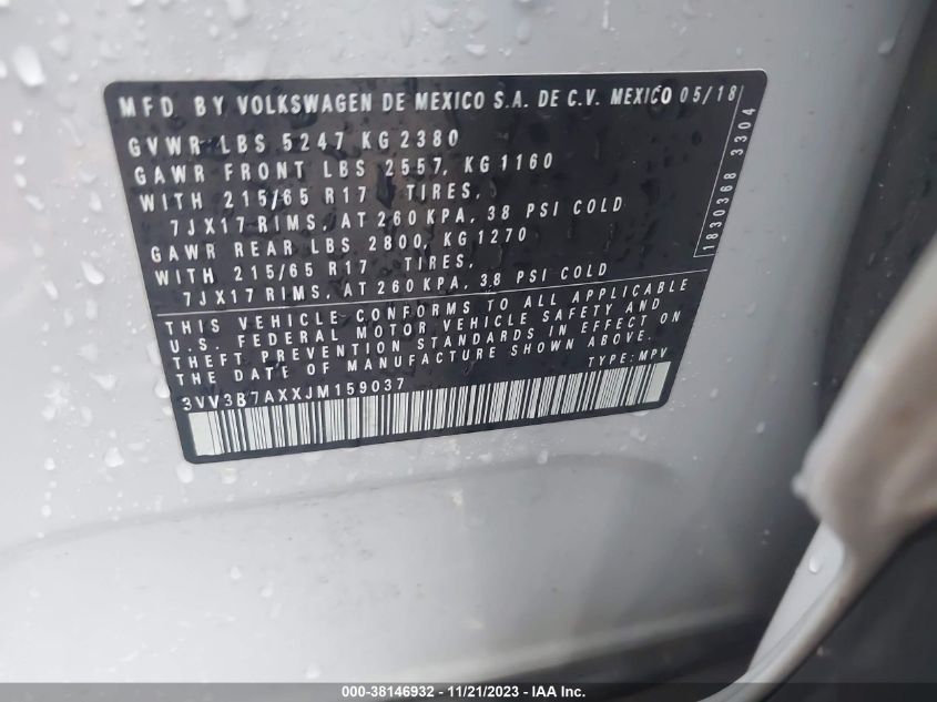 3VV3B7AXXJM159037 2018 Volkswagen Tiguan 2.0T Se/2.0T Sel