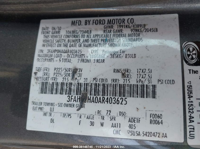 2010 Ford Fusion Se VIN: 3FAHP0HA0AR403625 Lot: 38148745