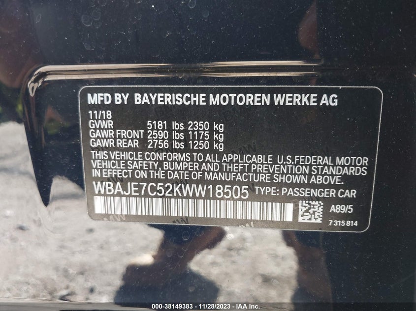 2019 BMW 540I xDrive VIN: WBAJE7C52KWW18505 Lot: 38149383