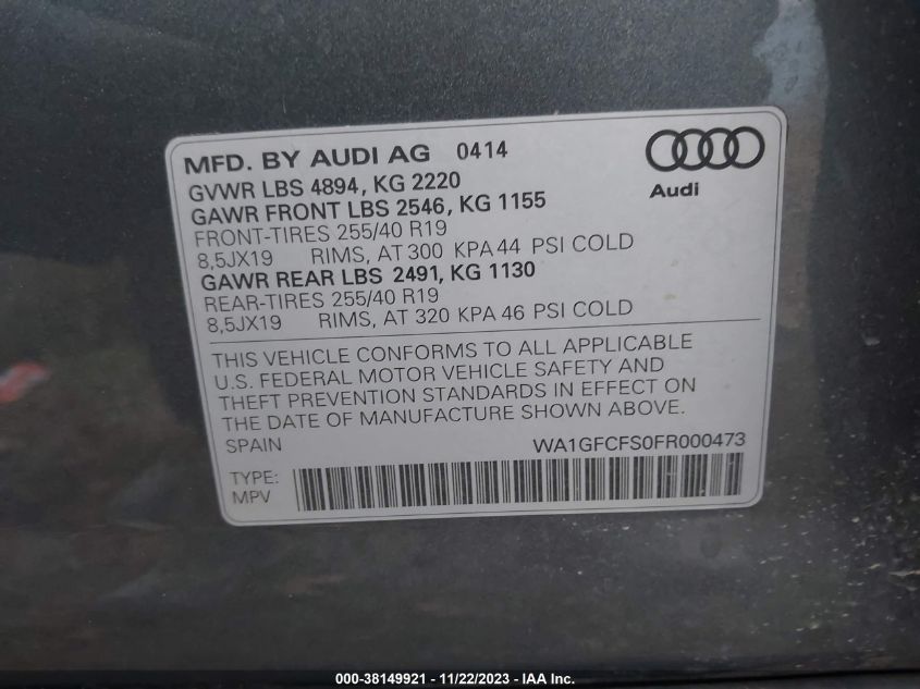 2015 Audi Q3 2.0T Premium Plus VIN: WA1GFCFS0FR000473 Lot: 38149921