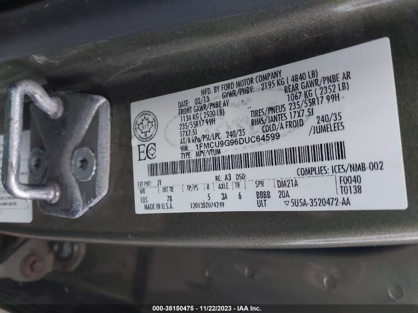1FMCU9G96DUC64599 2013 Ford Escape Se