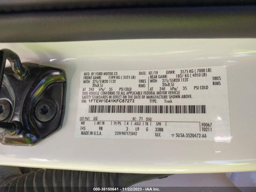 1FTEW1E41KFC87273 2019 Ford F-150 Platinum