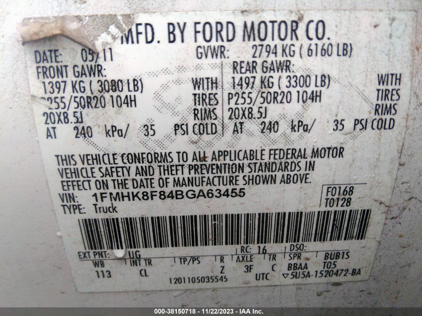 1FMHK8F84BGA63455 2011 Ford Explorer Limited