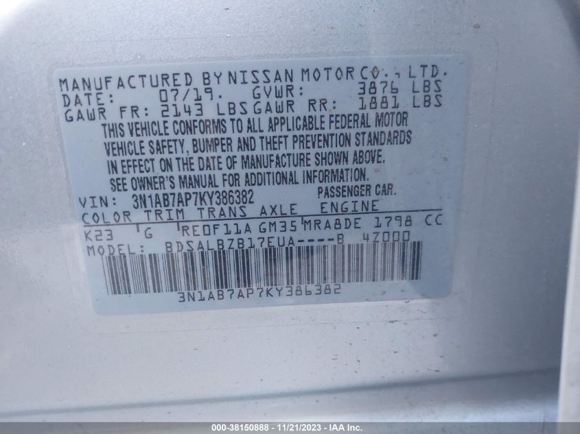 3N1AB7AP7KY386382 2019 Nissan Sentra S