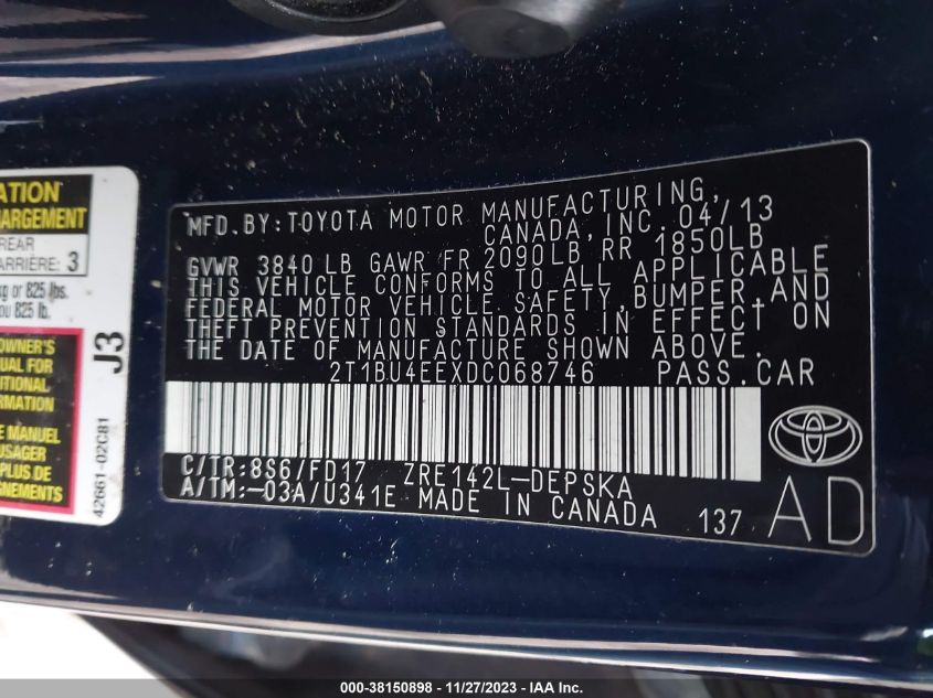 2T1BU4EEXDC068746 2013 Toyota Corolla S