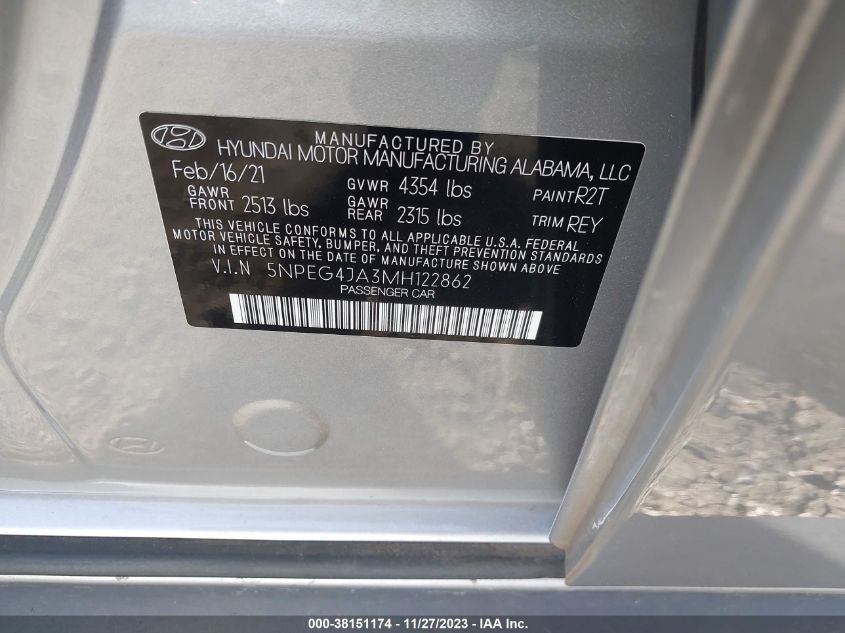 2021 Hyundai Sonata Se VIN: 5NPEG4JA3MH122862 Lot: 38151174