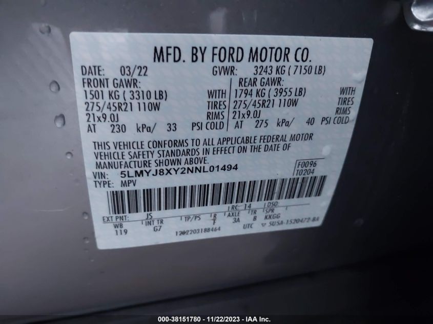 2022 Lincoln Aviator Grand Touring VIN: 5LMYJ8XY2NNL01494 Lot: 38151780