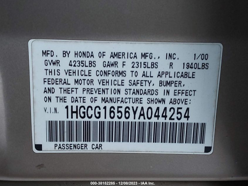 2000 Honda Accord 3.0 Ex VIN: 1HGCG1656YA044254 Lot: 38152285