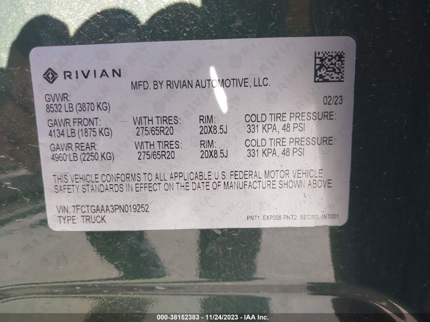 2023 Rivian R1T Adventure Quad-Motor Large Pack VIN: 7FCTGAAA3PN019252 Lot: 38152383