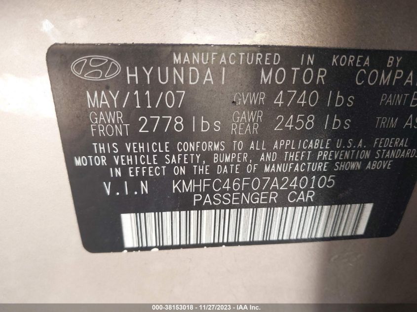 2007 Hyundai Azera Limited/Se VIN: KMHFC46F07A240105 Lot: 38153018