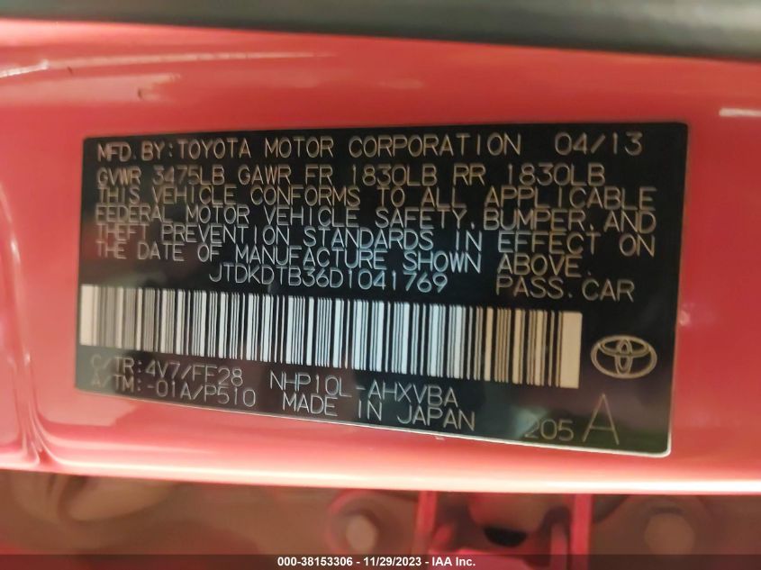 JTDKDTB36D1041769 2013 Toyota Prius C Two