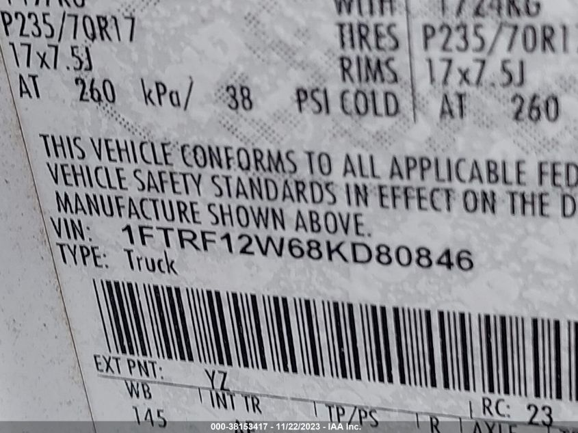 1FTRF12W68KD80846 2008 Ford F-150 Stx/Xl/Xlt