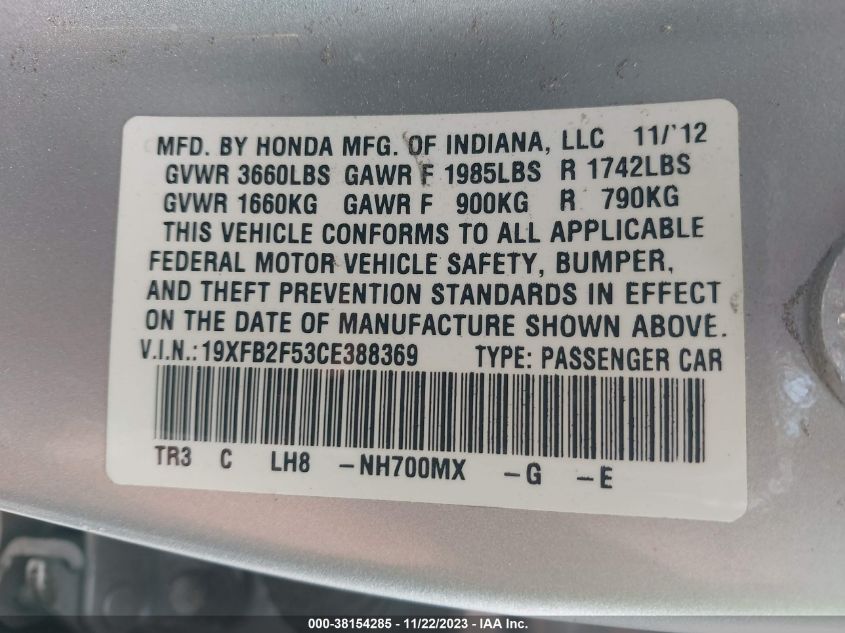 2012 Honda Civic Lx VIN: 19XFB2F53CE388369 Lot: 38154285