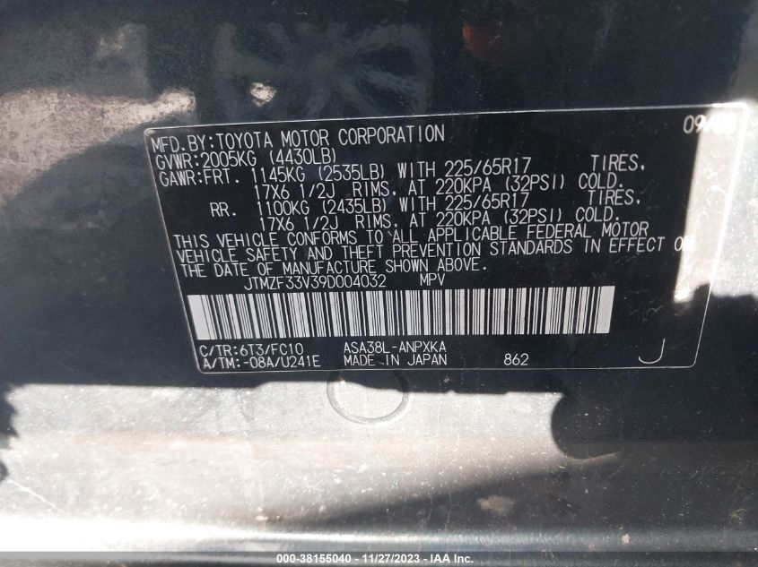 JTMZF33V39D004032 2009 Toyota Rav4