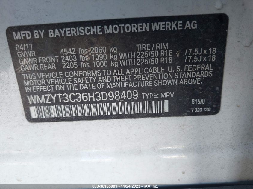 2017 Mini Countryman Cooper S VIN: WMZYT3C36H3D98409 Lot: 38155901