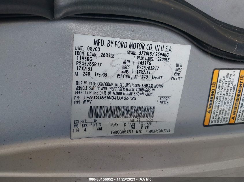 2004 Ford Explorer Limited VIN: 1FMDU65W04UA06185 Lot: 38156052
