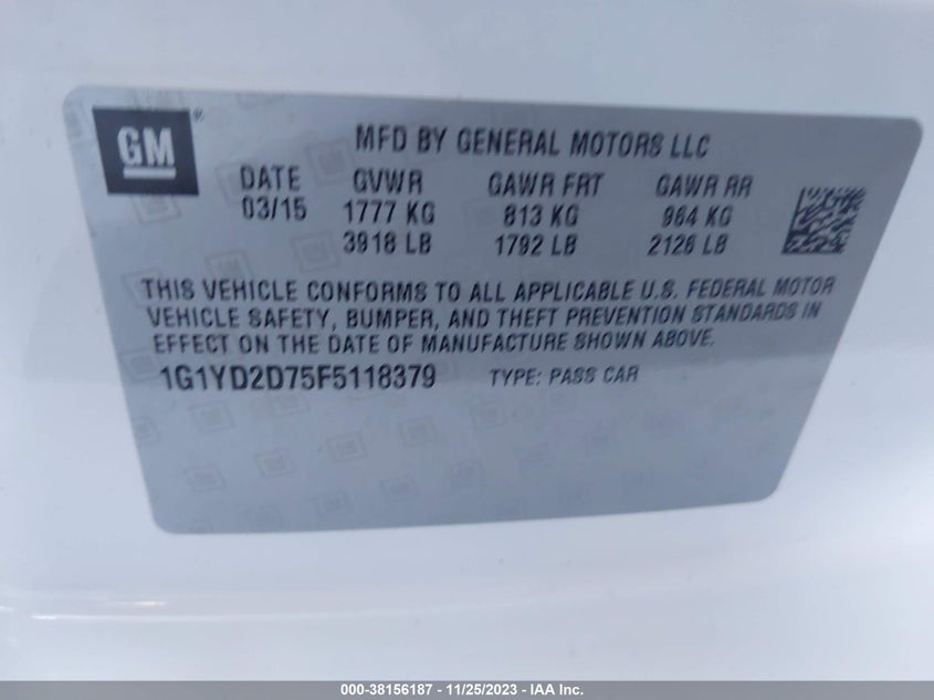2015 CHEVROLET CORVETTE VIN: 1G1YD2D75F5118379