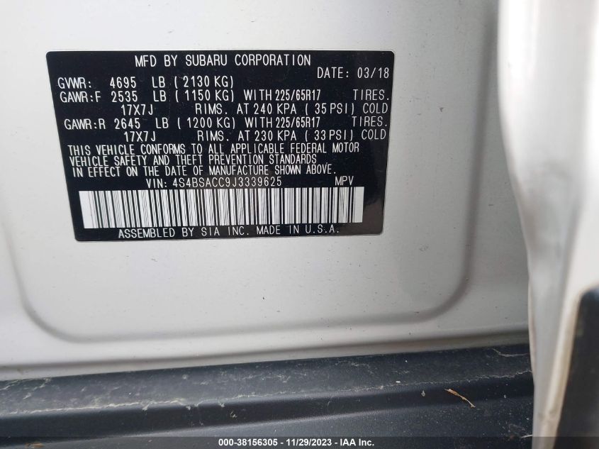 2018 Subaru Outback 2.5I Premium VIN: 4S4BSACC9J3339625 Lot: 38156305