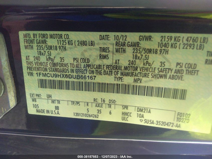 1FMCU9HX6DUB66167 2013 Ford Escape Sel