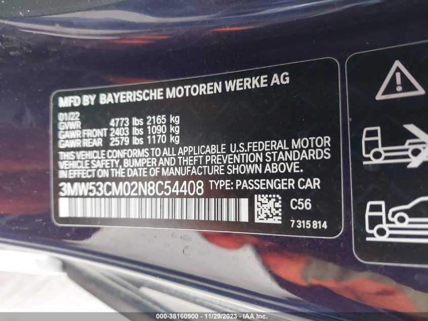 2022 BMW 2 Series M240I xDrive VIN: 3MW53CM02N8C54408 Lot: 38160900