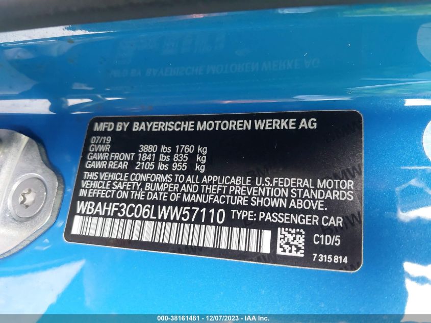 2020 BMW Z4 Sdrive30I VIN: WBAHF3C06LWW57110 Lot: 38161481