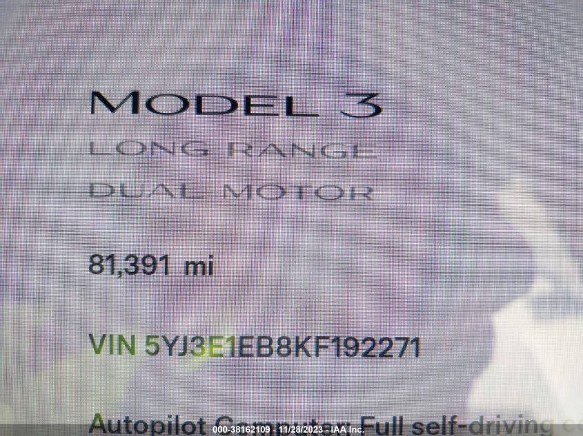 2019 Tesla Model 3 Long Range/Performance VIN: 5YJ3E1EB8KF192271 Lot: 38162109