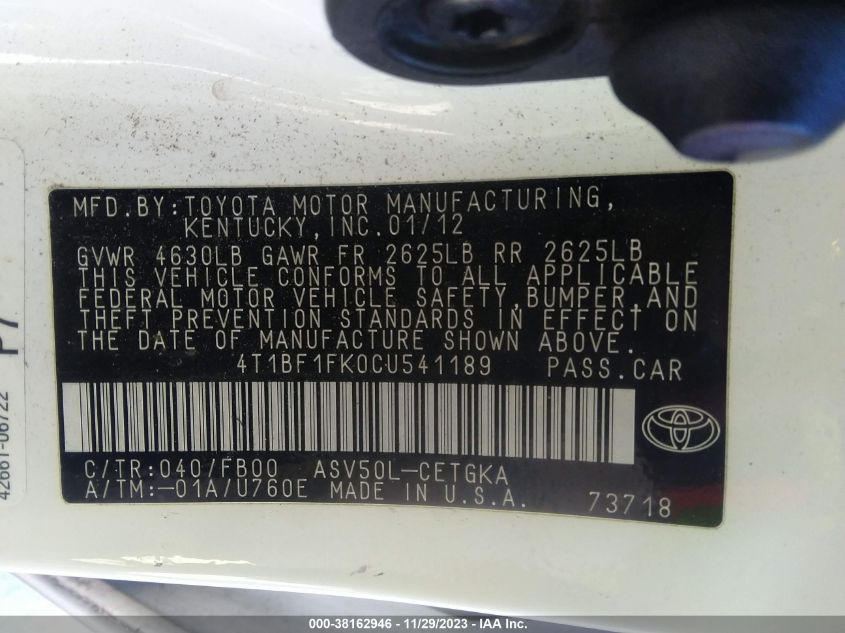 2012 Toyota Camry Xle VIN: 4T1BF1FK0CU541189 Lot: 38162946