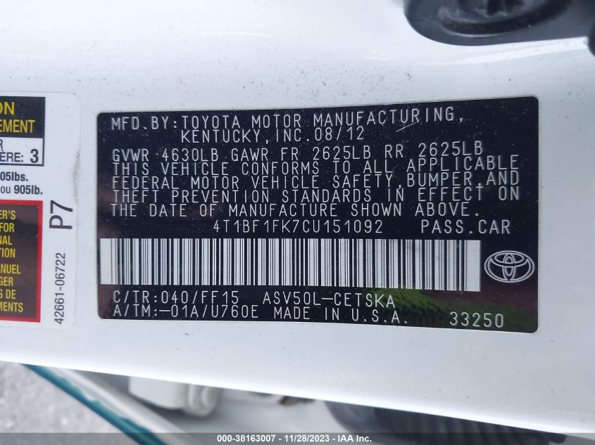 4T1BF1FK7CU151092 2012 Toyota Camry Se