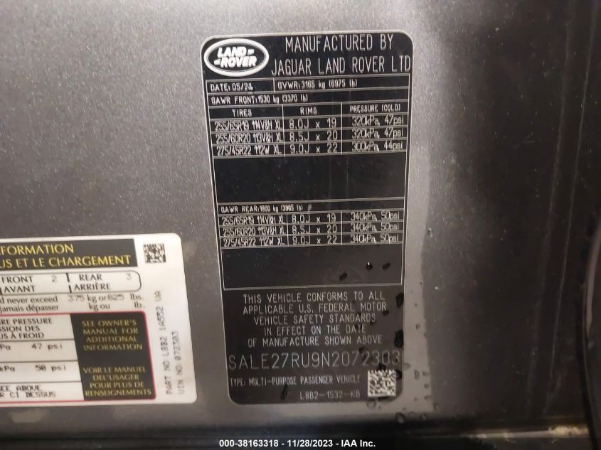 2022 Land Rover Defender X-Dynamic Se VIN: SALE27RU9N2072303 Lot: 38163318