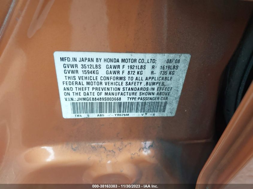 2009 Honda Fit Sport VIN: JHMGE88489S003668 Lot: 38163383