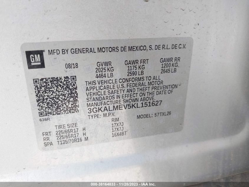 2019 GMC Terrain Sle VIN: 3GKALMEV5KL151627 Lot: 38164833