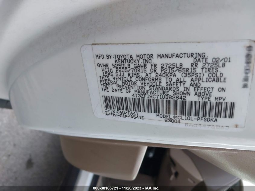 2001 Toyota Sienna Ce VIN: 4T3ZF19C71U382842 Lot: 38165721