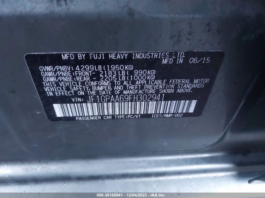 2015 Subaru Impreza 2.0I VIN: JF1GPAA69FH302941 Lot: 38165941
