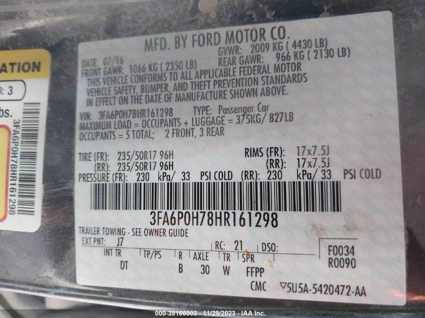 3FA6P0H78HR161298 2017 Ford Fusion Se