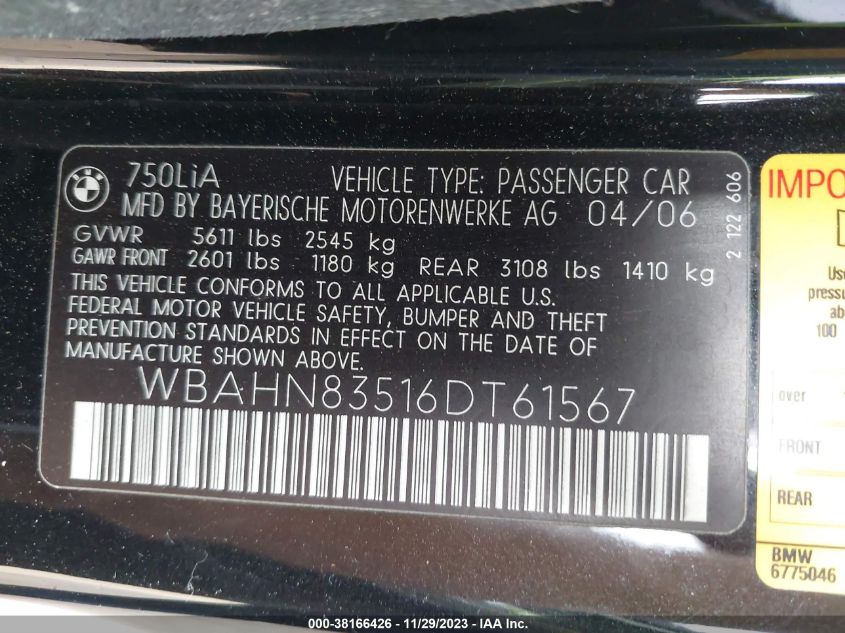 WBAHN83516DT61567 2006 BMW 750Li