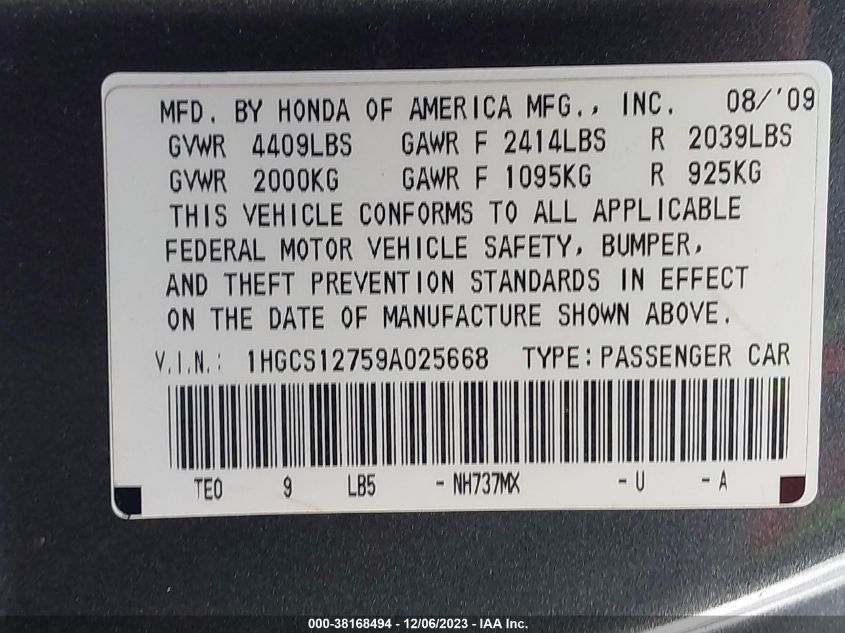 2009 Honda Accord 2.4 Ex VIN: 1HGCS12759A025668 Lot: 38168494
