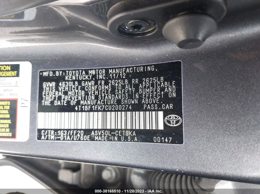 4T1BF1FK7CU200274 2012 Toyota Camry Se