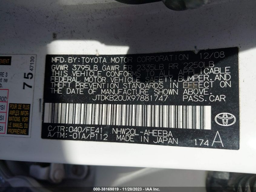 JTDKB20UX97881747 2009 Toyota Prius Standard