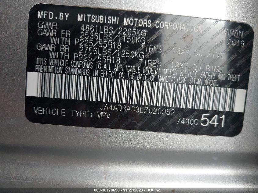 JA4AD3A33LZ020952 2020 Mitsubishi Outlander Sel 2.4