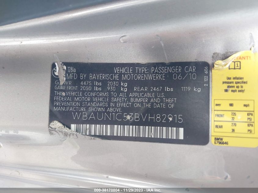 WBAUN1C53BVH82915 2011 BMW 1 Series 128I