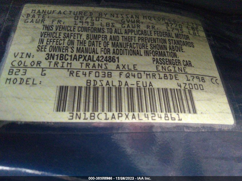 3N1BC1APXAL424861 2010 Nissan Versa 1.8S