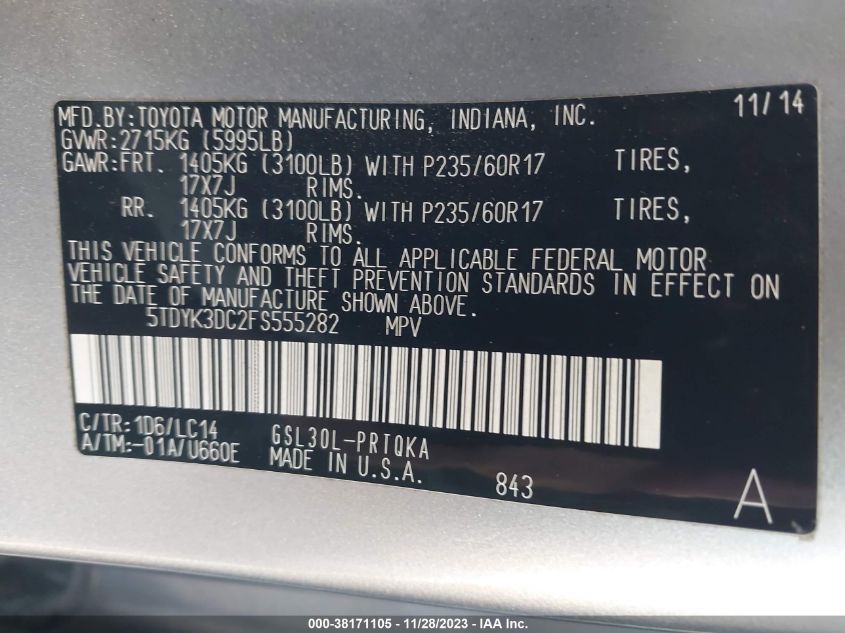 5TDYK3DC2FS555282 2015 Toyota Sienna Xle 8 Passenger