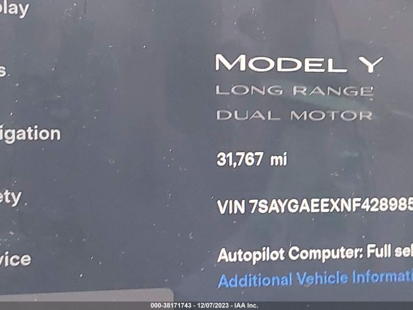 2022 Tesla Model Y Long Range Dual Motor All-Wheel Drive VIN: 7SAYGAEEXNF428985 Lot: 38171743