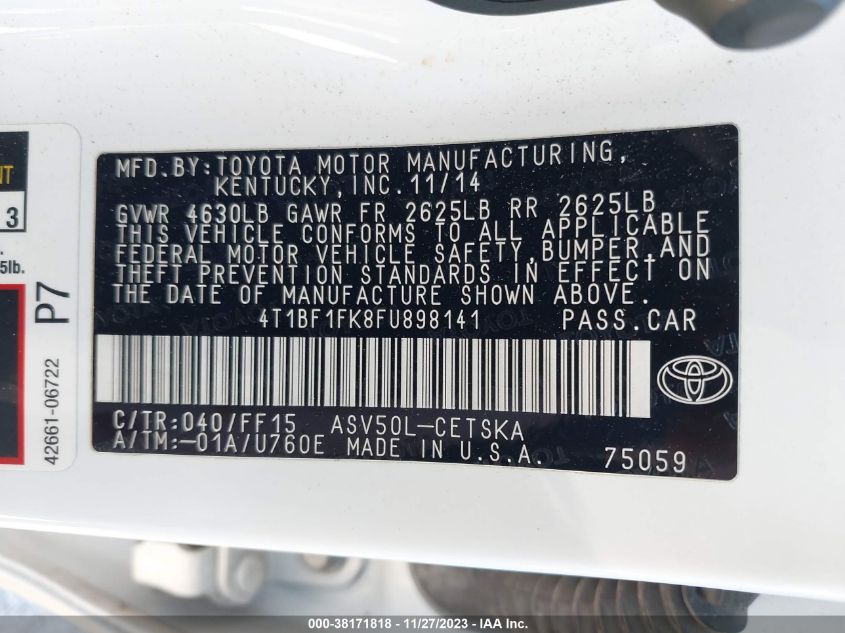 2015 Toyota Camry Se VIN: 4T1BF1FK8FU898141 Lot: 38171818