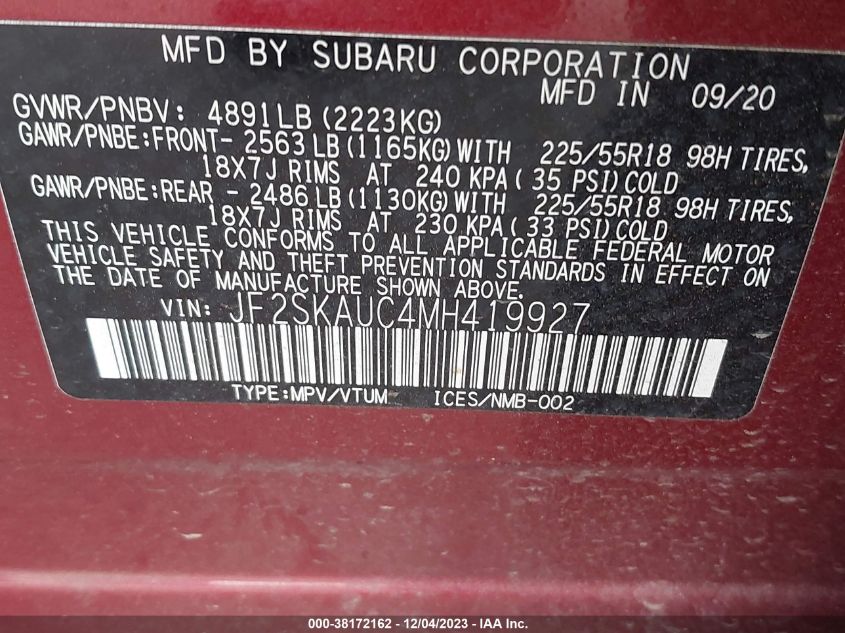 2021 Subaru Forester Limited VIN: JF2SKAUC4MH419927 Lot: 38172162